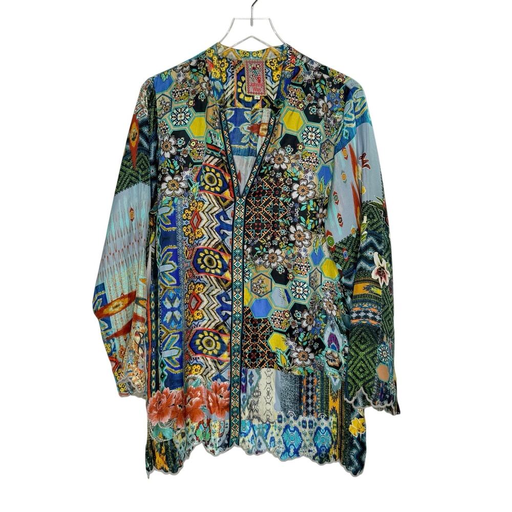 Johnny Was Cane 100% Silk Tunic Top L Patchwork Floral Maximalist Long Sleeve